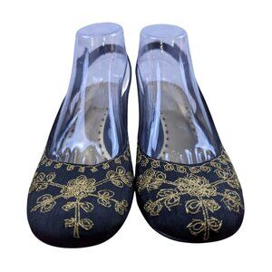 BCBGirls Vodimal-RS Black/Gold Raw Silk Womens 10 M Slingback Buckle Wedge Shoes